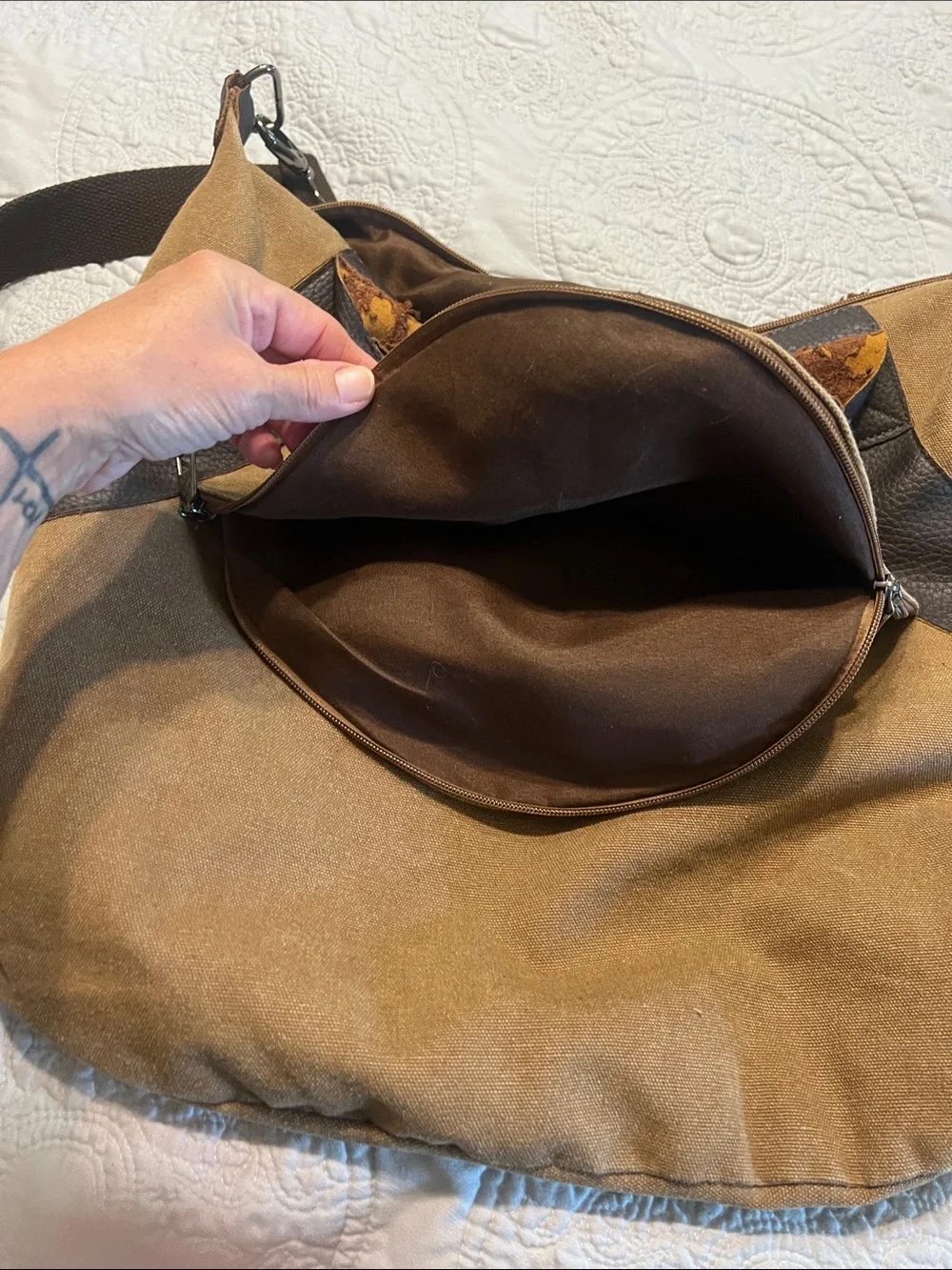 Canvas and Leather-Trim Hobo Bag in Brown
